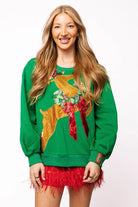 Queen of Sparkles Green Rhinestone Rudolph Wearing A Wreath Sweatshirt-Tops-Queen Of Sparkles-Deja Nu Boutique, Women's Fashion Boutique in Lampasas, Texas