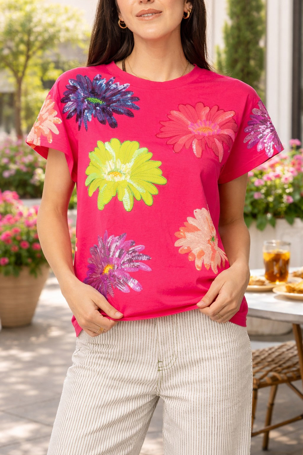 Queen of Sparkles Hot Pink Multi Flower Tee-T-Shirts-Queen Of Sparkles-Deja Nu Boutique, Women's Fashion Boutique in Lampasas, Texas