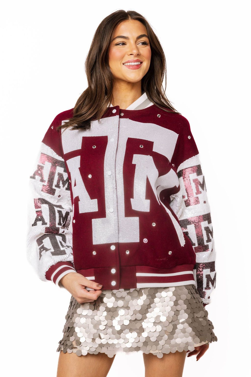 Queen of Sparkles Licensed Texas A&M Bomber Jacket-Jackets-Queen Of Sparkles-Deja Nu Boutique, Women's Fashion Boutique in Lampasas, Texas