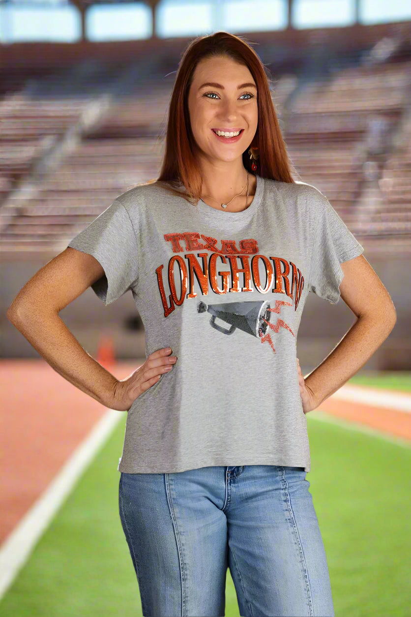 Queen of Sparkles Licensed Texas Longhorns Megaphone Icons Tee – Game Day Glitter in Gray-T-Shirts-Queen Of Sparkles-Deja Nu Boutique, Women's Fashion Boutique in Lampasas, Texas
