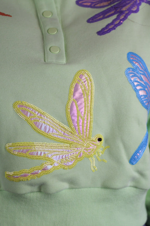 Queen of Sparkles Light Green Multi Dragonfly Henley Sweatshirt-Tops-Queen Of Sparkles-Deja Nu Boutique, Women's Fashion Boutique in Lampasas, Texas