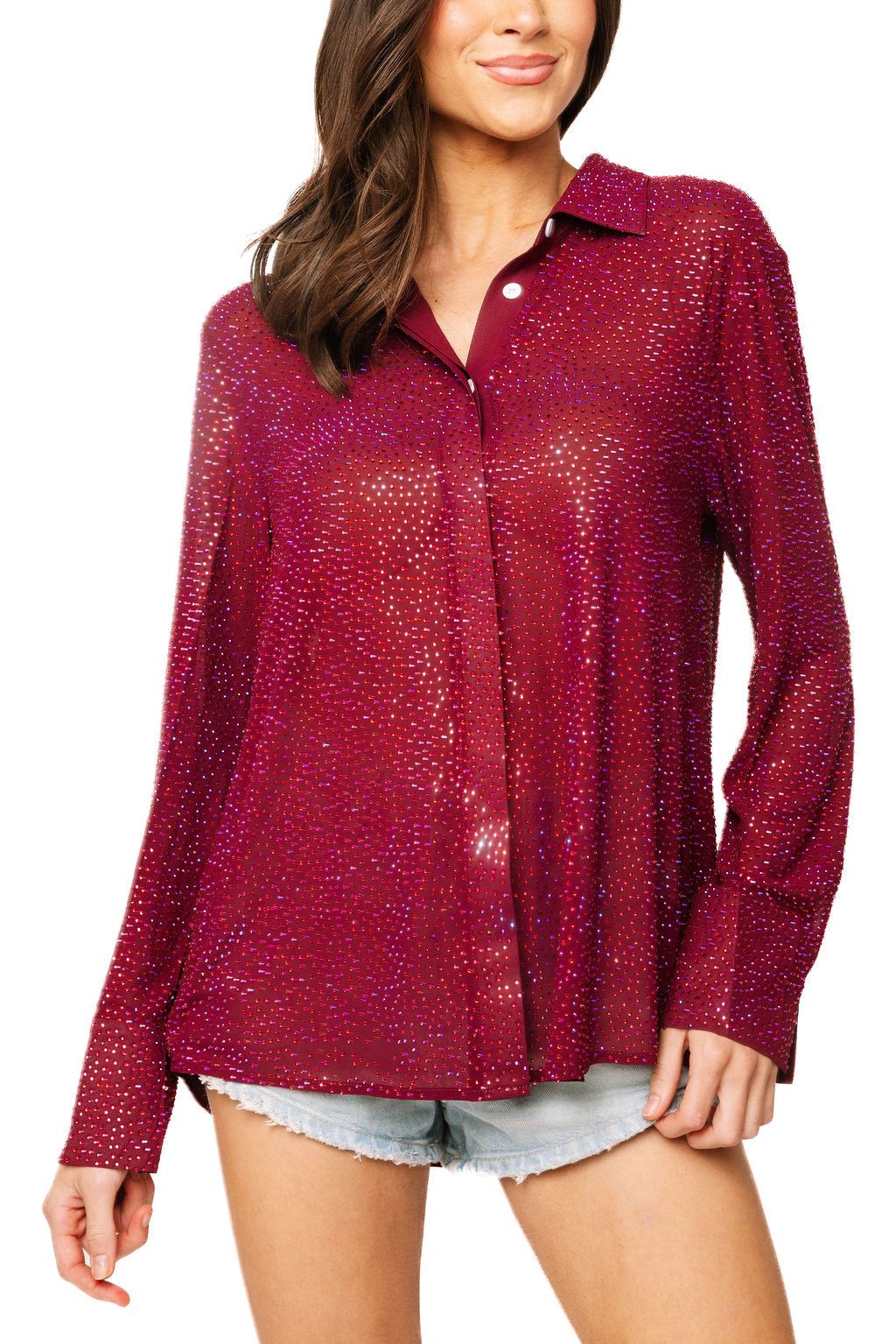Queen of Sparkles Maroon Rhinestone Button Up Top-shirts-Queen Of Sparkles-Deja Nu Boutique, Women's Fashion Boutique in Lampasas, Texas