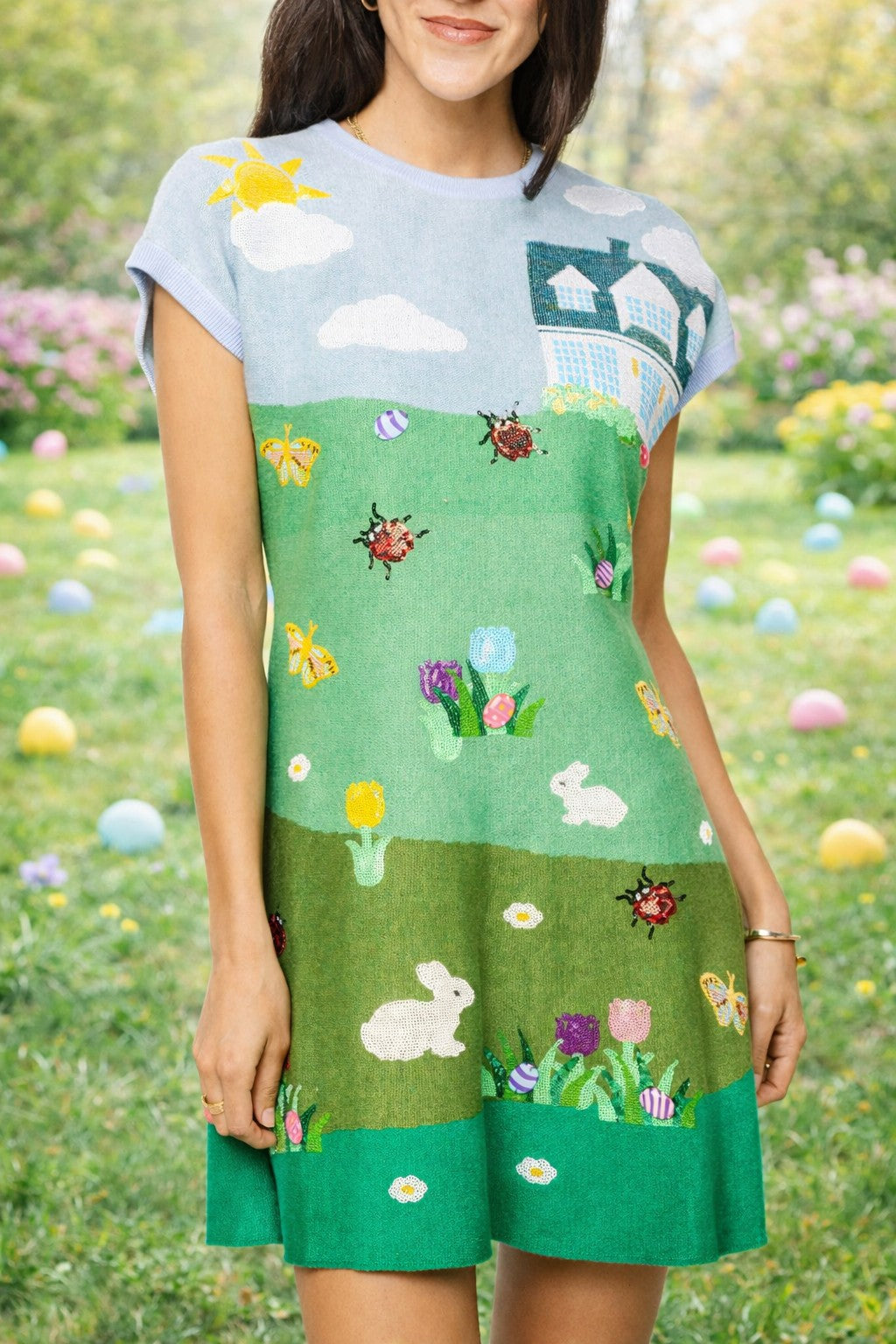 Queen of Sparkles Multi Easter Bunnies & Eggs Yard Scene Knit Dress-mini dress-Queen Of Sparkles-Deja Nu Boutique, Women's Fashion Boutique in Lampasas, Texas