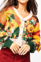 Queen of Sparkles Multi Farm Scene Button-Up Cardigan with 3D Knit Sunflowers-Cardigans & Kimonos-Queen Of Sparkles-Deja Nu Boutique, Women's Fashion Boutique in Lampasas, Texas