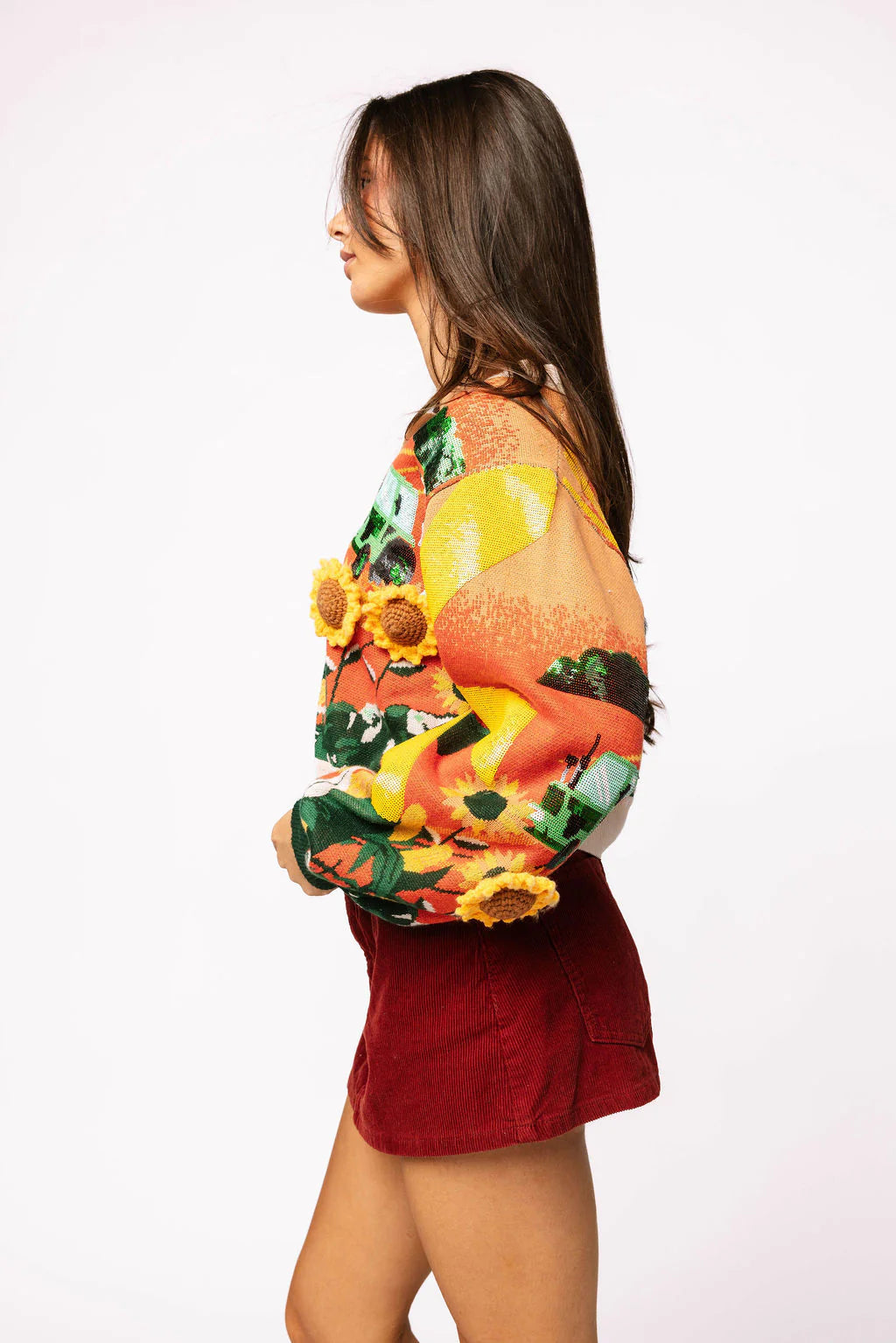 Queen of Sparkles Multi Farm Scene Button-Up Cardigan with 3D Knit Sunflowers-Cardigans & Kimonos-Queen Of Sparkles-Deja Nu Boutique, Women's Fashion Boutique in Lampasas, Texas