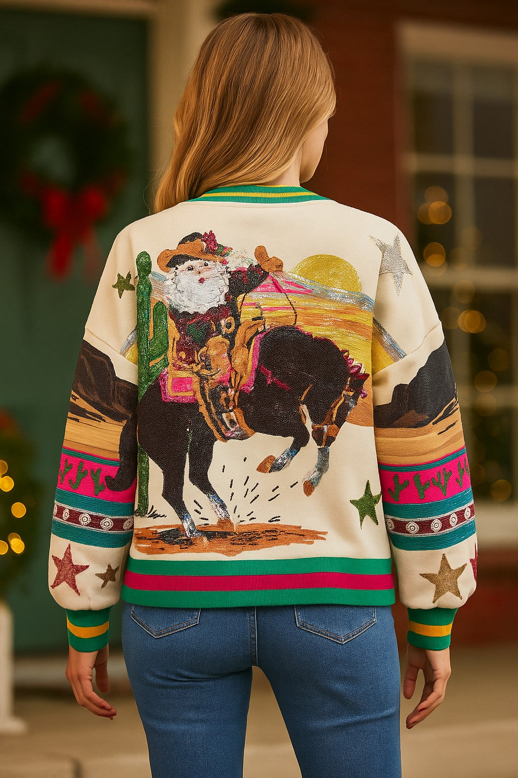 Queen of Sparkles Multi Vintage Cowboy Santa Sweatshirt-Tops-Queen Of Sparkles-Deja Nu Boutique, Women's Fashion Boutique in Lampasas, Texas