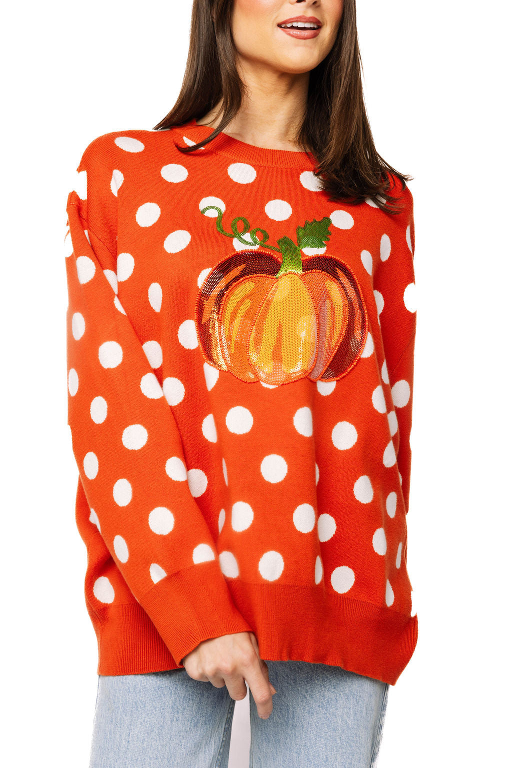 Queen of Sparkles Orange Polka Dot Pumpkin Sweater-Sweaters-Queen Of Sparkles-Deja Nu Boutique, Women's Fashion Boutique in Lampasas, Texas