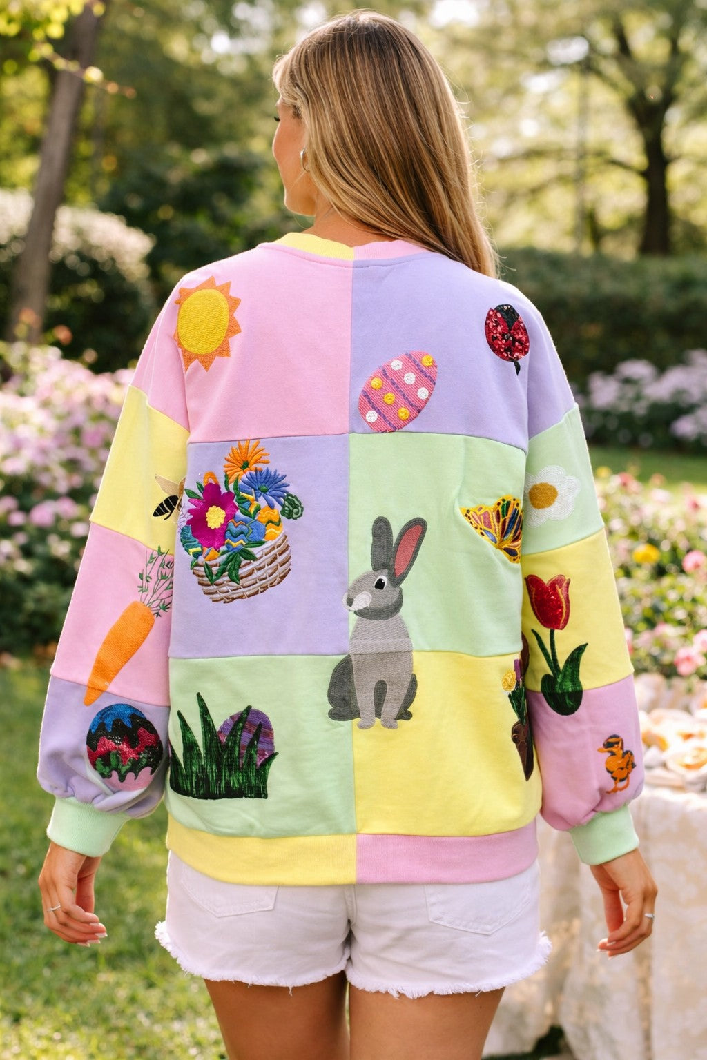 Queen of Sparkles Pastel Colorblock Easter Icon Sweatshirt-sweatshirt-Queen Of Sparkles-Deja Nu Boutique, Women's Fashion Boutique in Lampasas, Texas