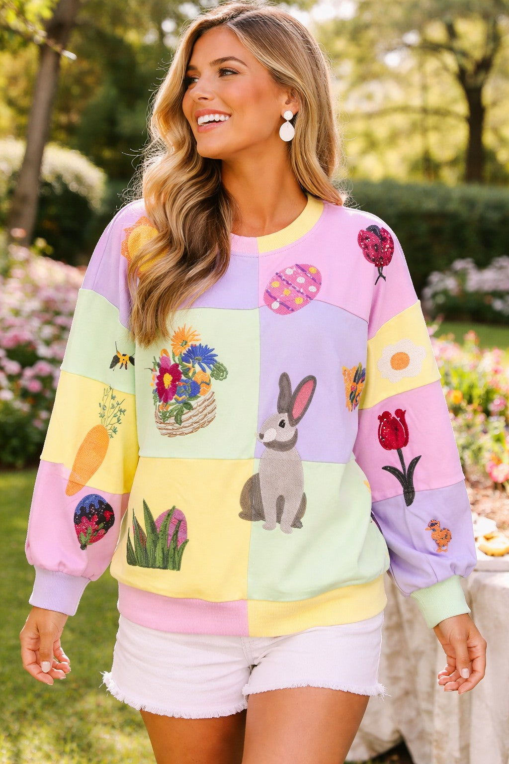 Queen of Sparkles Pastel Colorblock Easter Icon Sweatshirt-sweatshirt-Queen Of Sparkles-Deja Nu Boutique, Women's Fashion Boutique in Lampasas, Texas