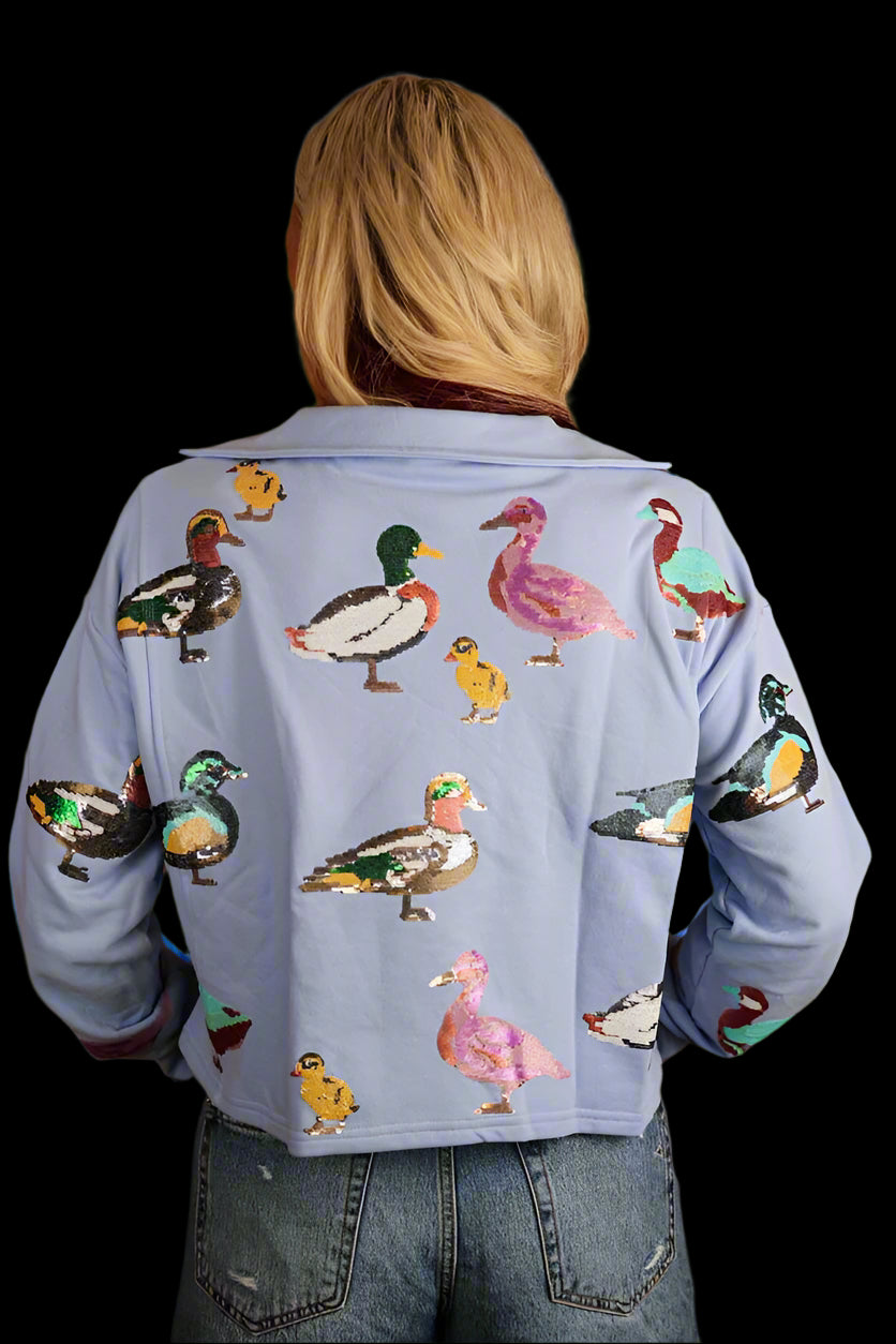 Queen of Sparkles Powder Blue Duck Sweatshirt-Sweaters-Queen Of Sparkles-Deja Nu Boutique, Women's Fashion Boutique in Lampasas, Texas