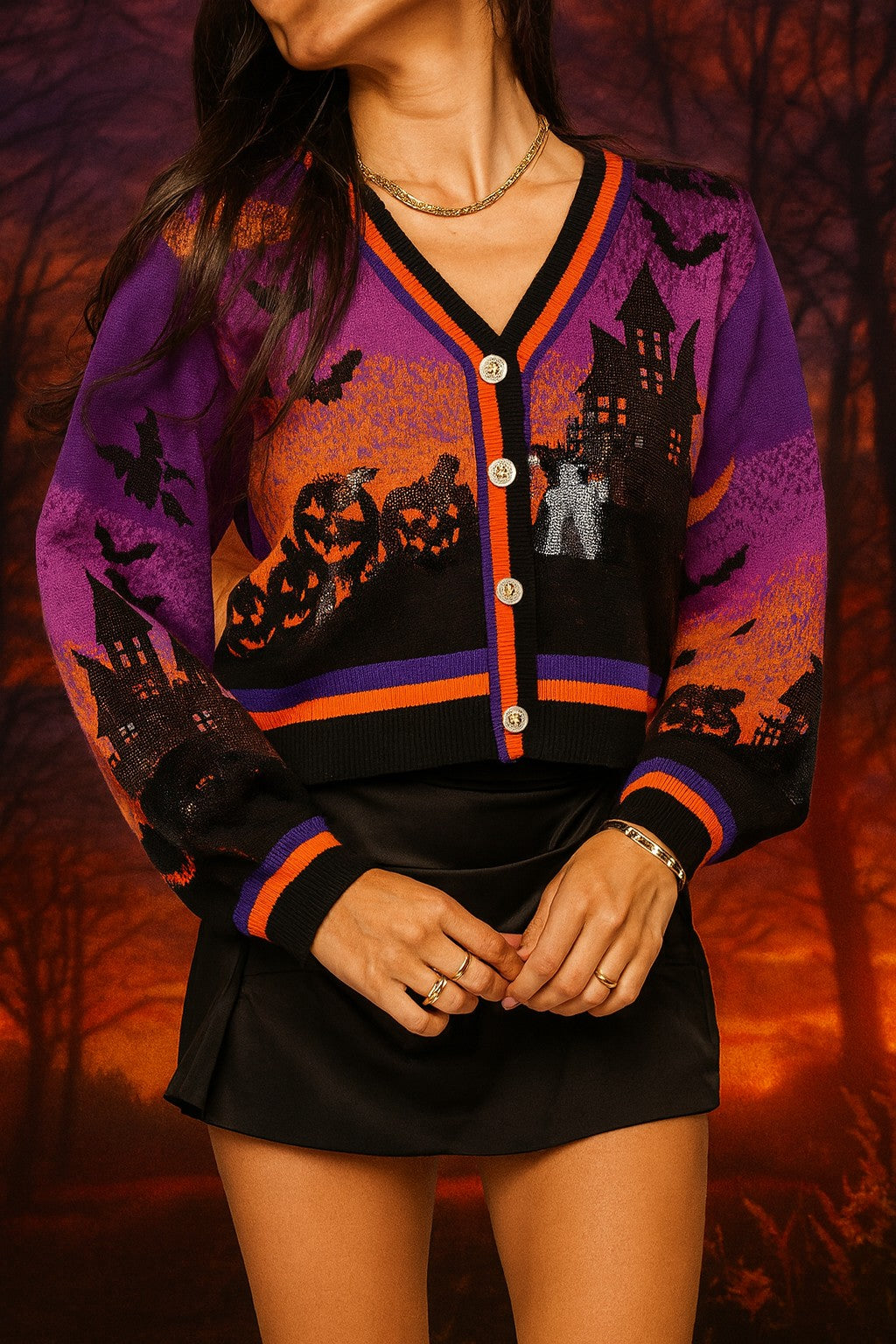 Queen of Sparkles Purple Halloween Scene Sequin Cardigan – Haunted House & Pumpkins-Cardigans & Kimonos-Queen Of Sparkles-Deja Nu Boutique, Women's Fashion Boutique in Lampasas, Texas