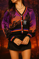 Queen of Sparkles Purple Halloween Scene Sequin Cardigan – Haunted House & Pumpkins-Cardigans & Kimonos-Queen Of Sparkles-Deja Nu Boutique, Women's Fashion Boutique in Lampasas, Texas