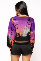 Queen of Sparkles Purple Halloween Scene Sequin Cardigan – Haunted House & Pumpkins-Cardigans & Kimonos-Queen Of Sparkles-Deja Nu Boutique, Women's Fashion Boutique in Lampasas, Texas