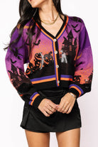 Queen of Sparkles Purple Halloween Scene Sequin Cardigan – Haunted House & Pumpkins-Cardigans & Kimonos-Queen Of Sparkles-Deja Nu Boutique, Women's Fashion Boutique in Lampasas, Texas