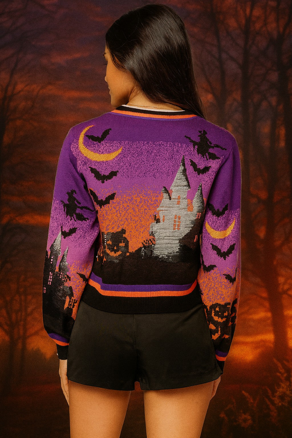 Queen of Sparkles Purple Halloween Scene Sequin Cardigan – Haunted House & Pumpkins-Cardigans & Kimonos-Queen Of Sparkles-Deja Nu Boutique, Women's Fashion Boutique in Lampasas, Texas