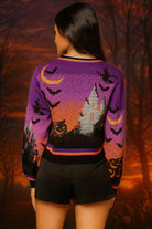 Queen of Sparkles Purple Halloween Scene Sequin Cardigan – Haunted House & Pumpkins-Cardigans & Kimonos-Queen Of Sparkles-Deja Nu Boutique, Women's Fashion Boutique in Lampasas, Texas