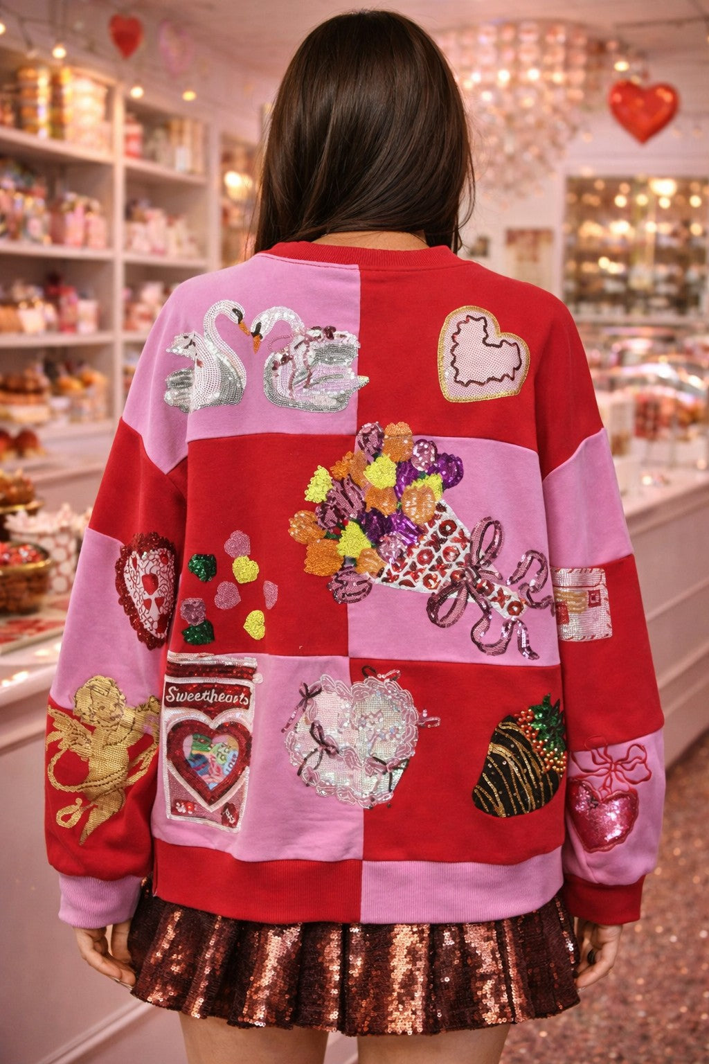 Queen of Sparkles Red & Pink Checkered Valentine Icons Sequin Sweatshirt-sweatshirt-Queen Of Sparkles-Deja Nu Boutique, Women's Fashion Boutique in Lampasas, Texas