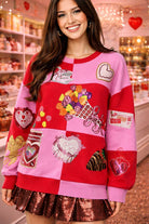 Queen of Sparkles Red & Pink Checkered Valentine Icons Sequin Sweatshirt-sweatshirt-Queen Of Sparkles-Deja Nu Boutique, Women's Fashion Boutique in Lampasas, Texas