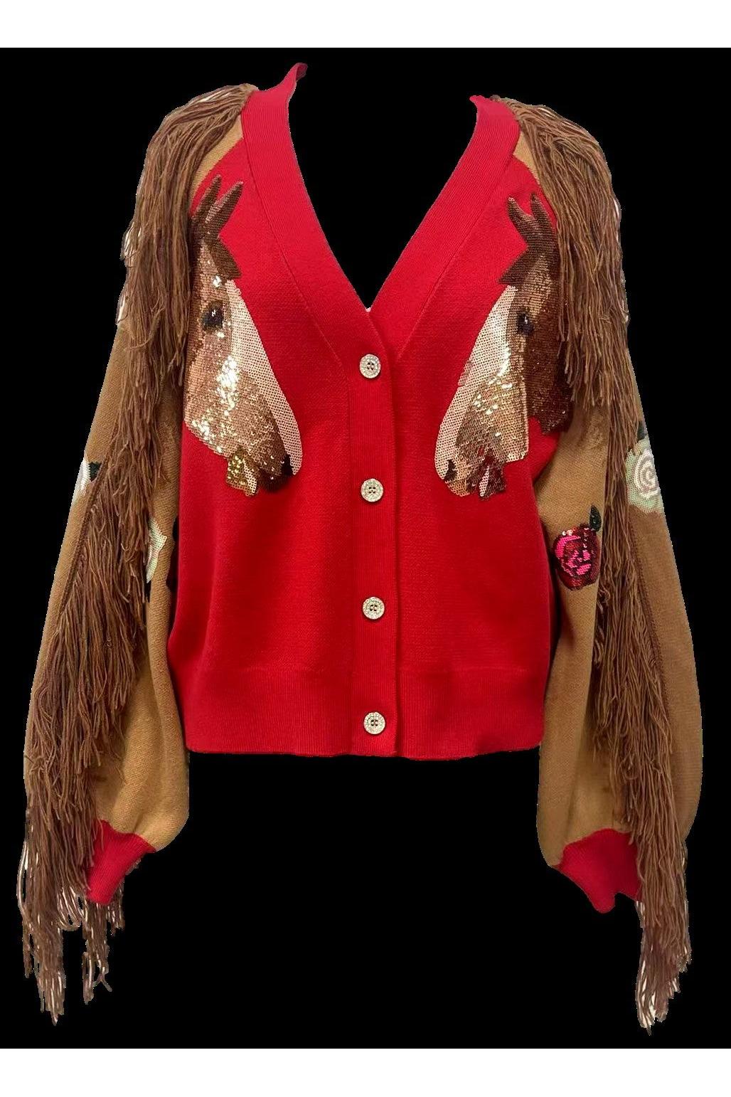 Queen of Sparkles Red Rose & Fringe Horse Sleeve Button Up Cardigan-Cardigans & Kimonos-Queen Of Sparkles-Deja Nu Boutique, Women's Fashion Boutique in Lampasas, Texas