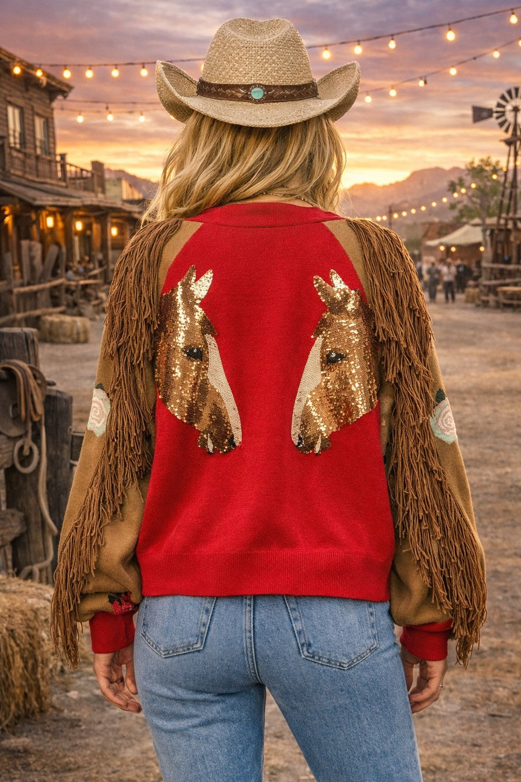 Queen of Sparkles Red Rose & Fringe Horse Sleeve Button Up Cardigan-Cardigans & Kimonos-Queen Of Sparkles-Deja Nu Boutique, Women's Fashion Boutique in Lampasas, Texas