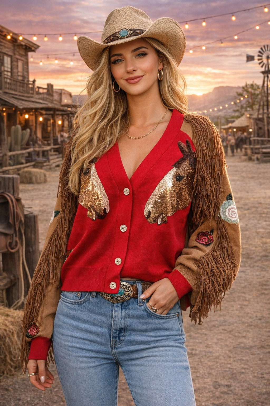 Queen of Sparkles Red Rose & Fringe Horse Sleeve Button Up Cardigan-Cardigans & Kimonos-Queen Of Sparkles-Deja Nu Boutique, Women's Fashion Boutique in Lampasas, Texas