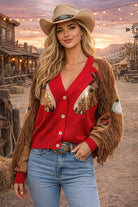 Queen of Sparkles Red Rose & Fringe Horse Sleeve Button Up Cardigan-Cardigans & Kimonos-Queen Of Sparkles-Deja Nu Boutique, Women's Fashion Boutique in Lampasas, Texas