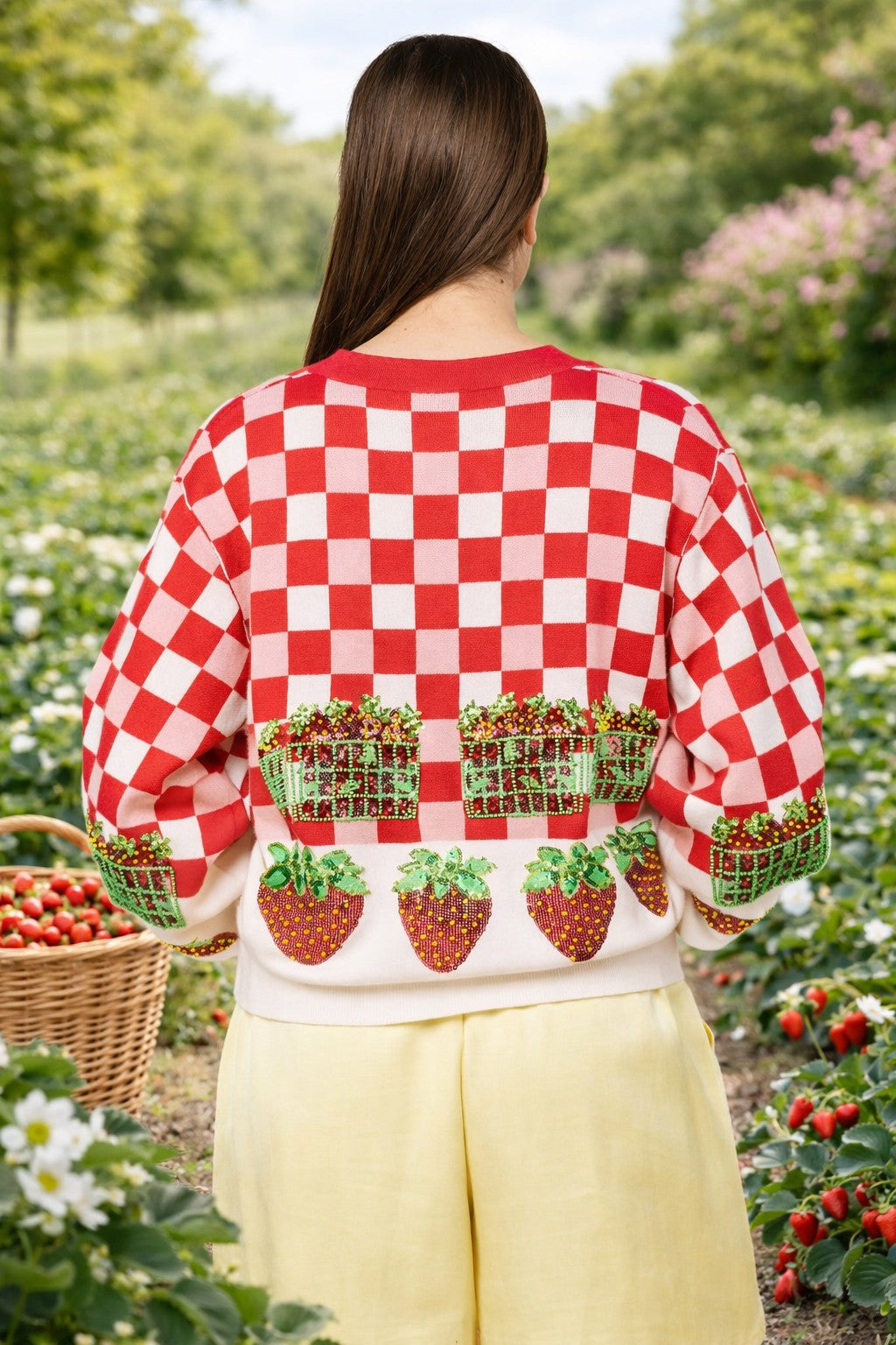 Queen of Sparkles Red & White Checkered Strawberry Button Up Cardigan-Cardigans & Kimonos-Queen Of Sparkles-Deja Nu Boutique, Women's Fashion Boutique in Lampasas, Texas