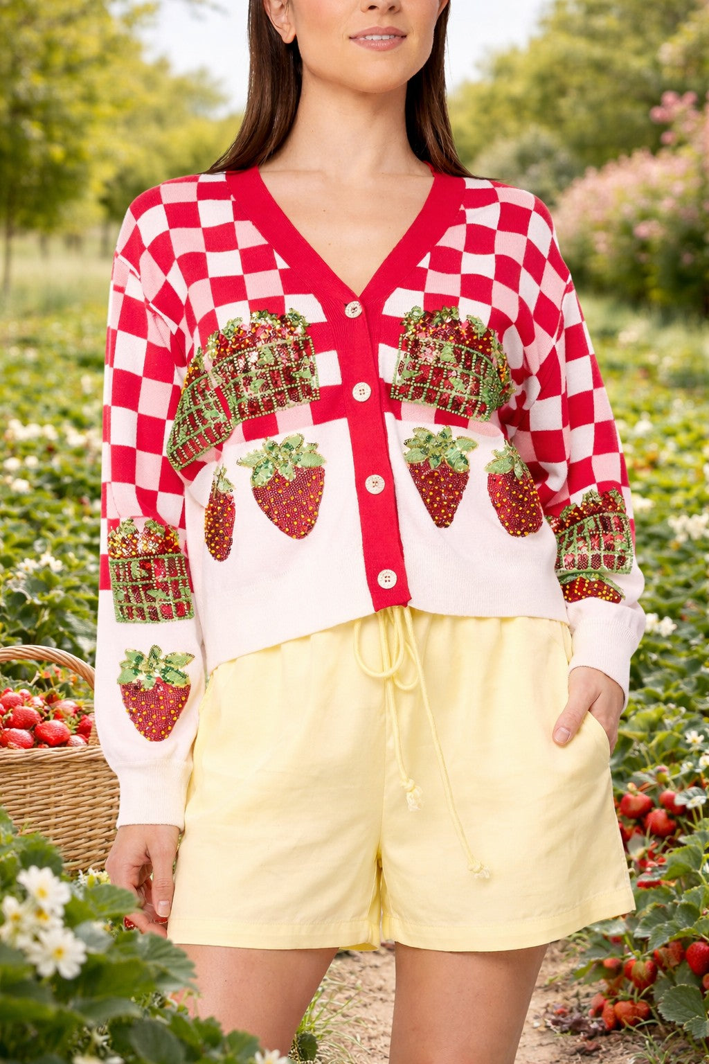 Queen of Sparkles Red & White Checkered Strawberry Button Up Cardigan-Cardigans & Kimonos-Queen Of Sparkles-Deja Nu Boutique, Women's Fashion Boutique in Lampasas, Texas