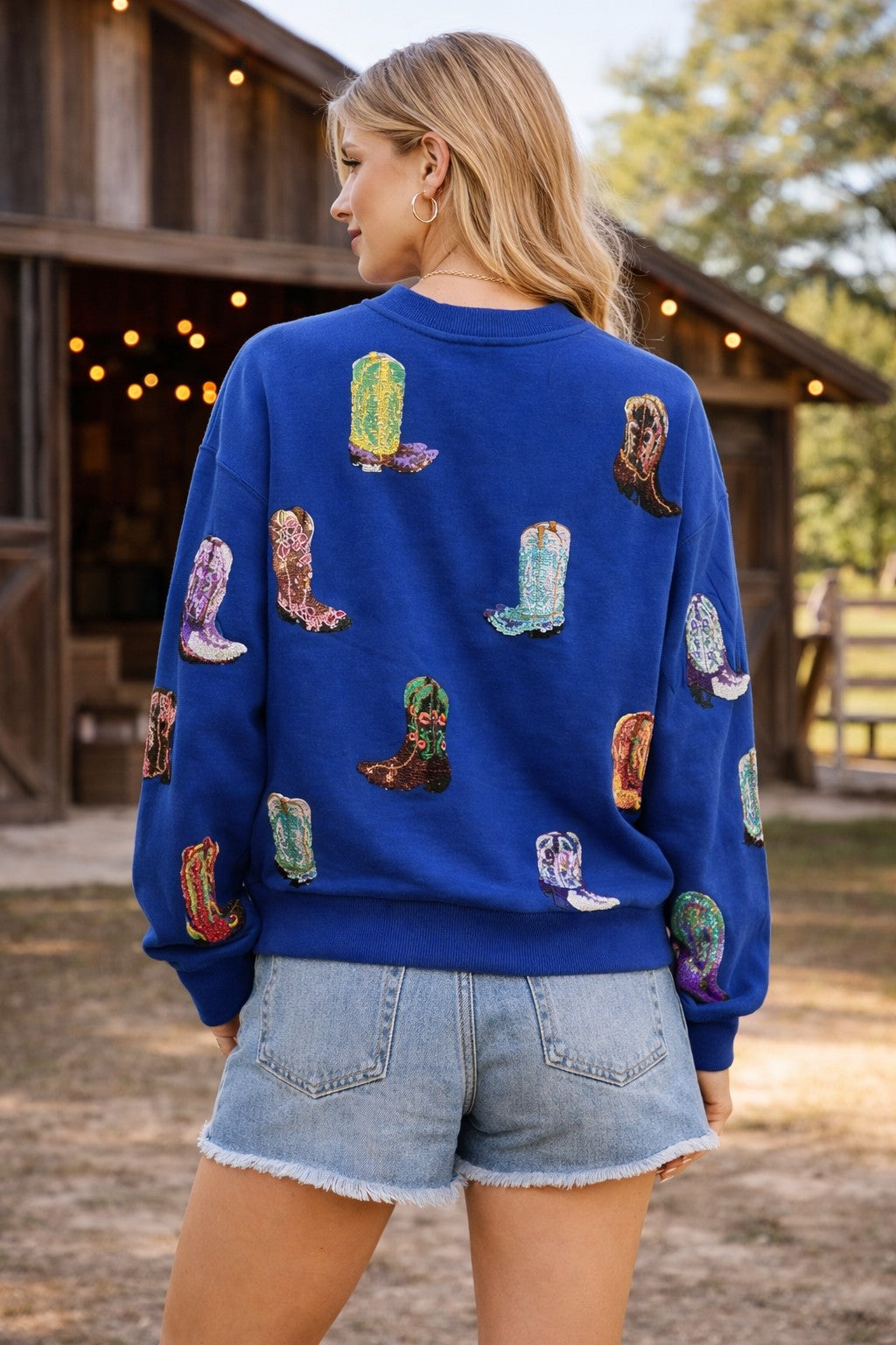 Queen of Sparkles Royal Blue Multi Cowboy Boot Sweatshirt-sweatshirt-Queen Of Sparkles-Deja Nu Boutique, Women's Fashion Boutique in Lampasas, Texas