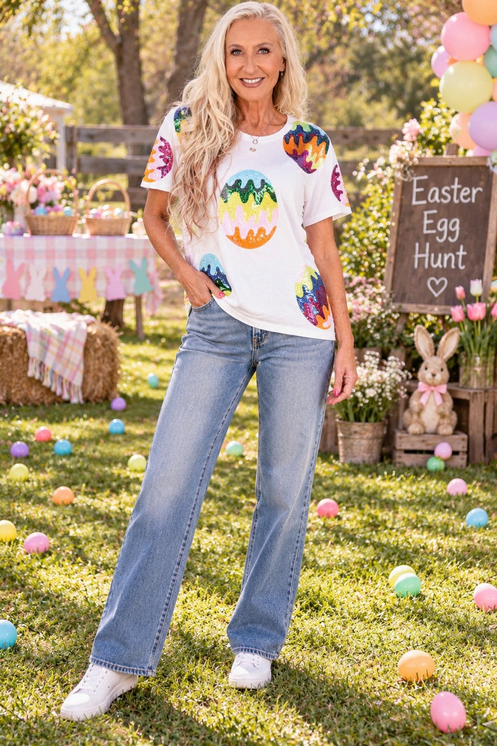 🌈🥚 Queen of Sparkles White Groovy Easter Egg Tee 🥚🌈-Tops-Queen Of Sparkles-Deja Nu Boutique, Women's Fashion Boutique in Lampasas, Texas
