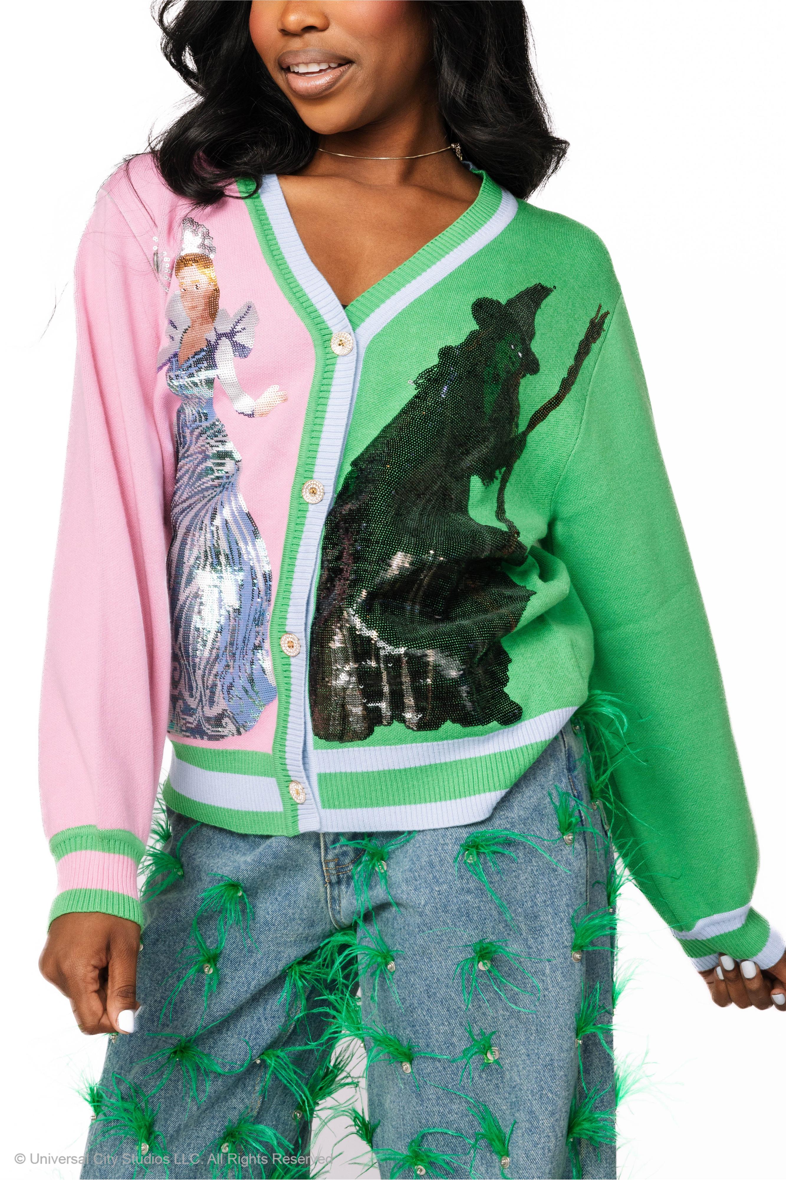 Queen of Sparkles Wicked Licensed Colorblock Glinda & Elphaba Sequin Cardigan – Official Movie Release-Cardigans & Kimonos-Queen Of Sparkles-Deja Nu Boutique, Women's Fashion Boutique in Lampasas, Texas