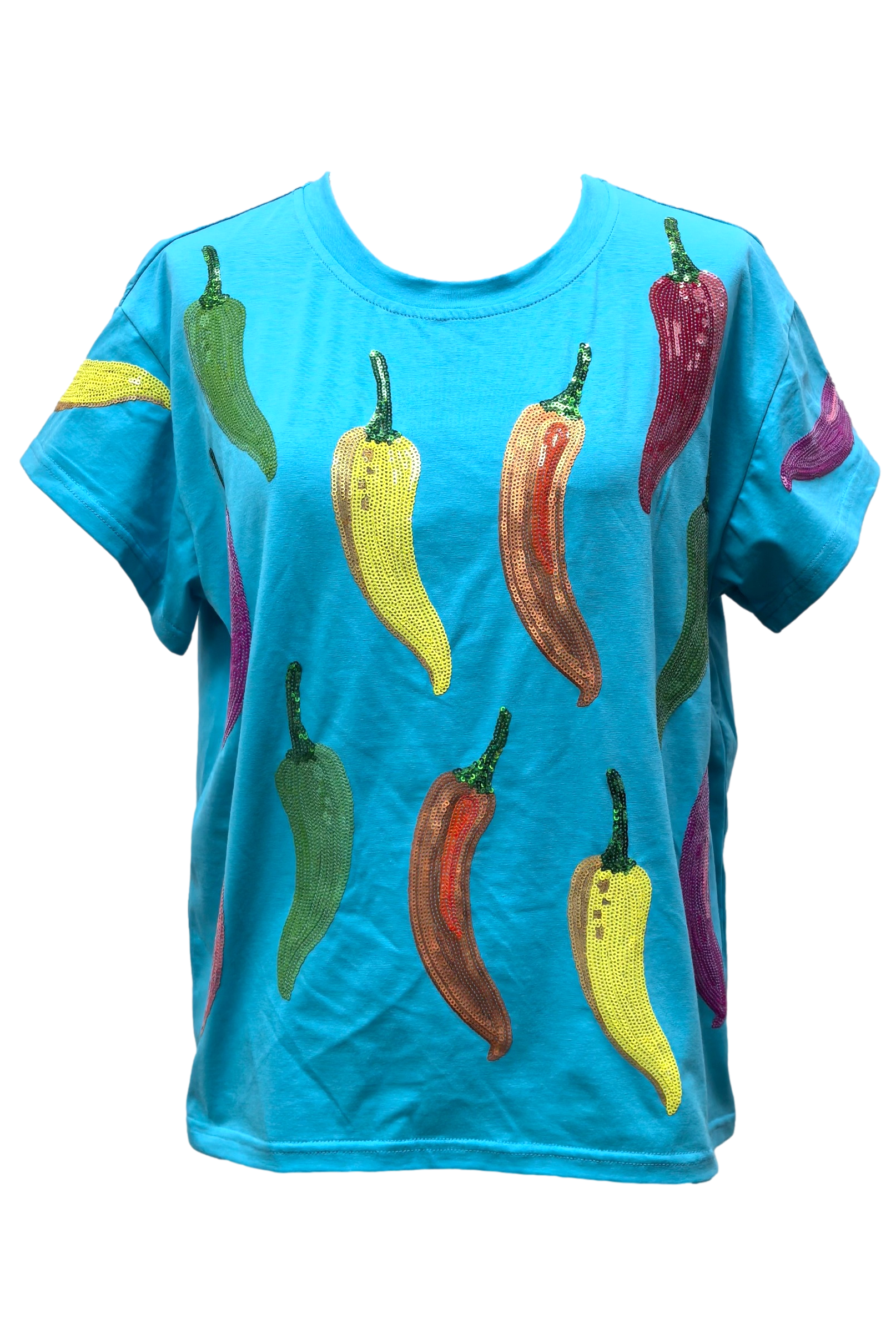 Queen of Sparkles Aqua Multi Chili Pepper Sequin Tee-Tops-Queen Of Sparkles-Deja Nu Boutique, Women's Fashion Boutique in Lampasas, Texas