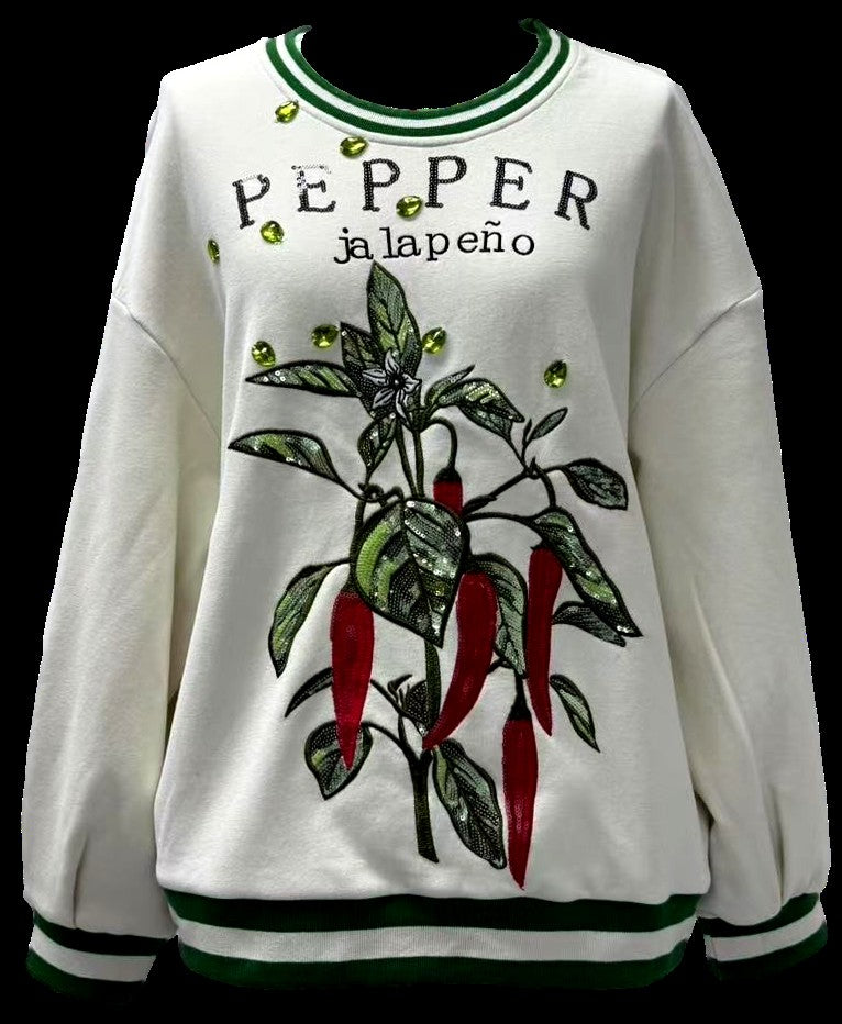 Queen of Sparkles Beige Jalapeño Pepper Seed Packet Sweatshirt-sweatshirt-Queen Of Sparkles-Deja Nu Boutique, Women's Fashion Boutique in Lampasas, Texas