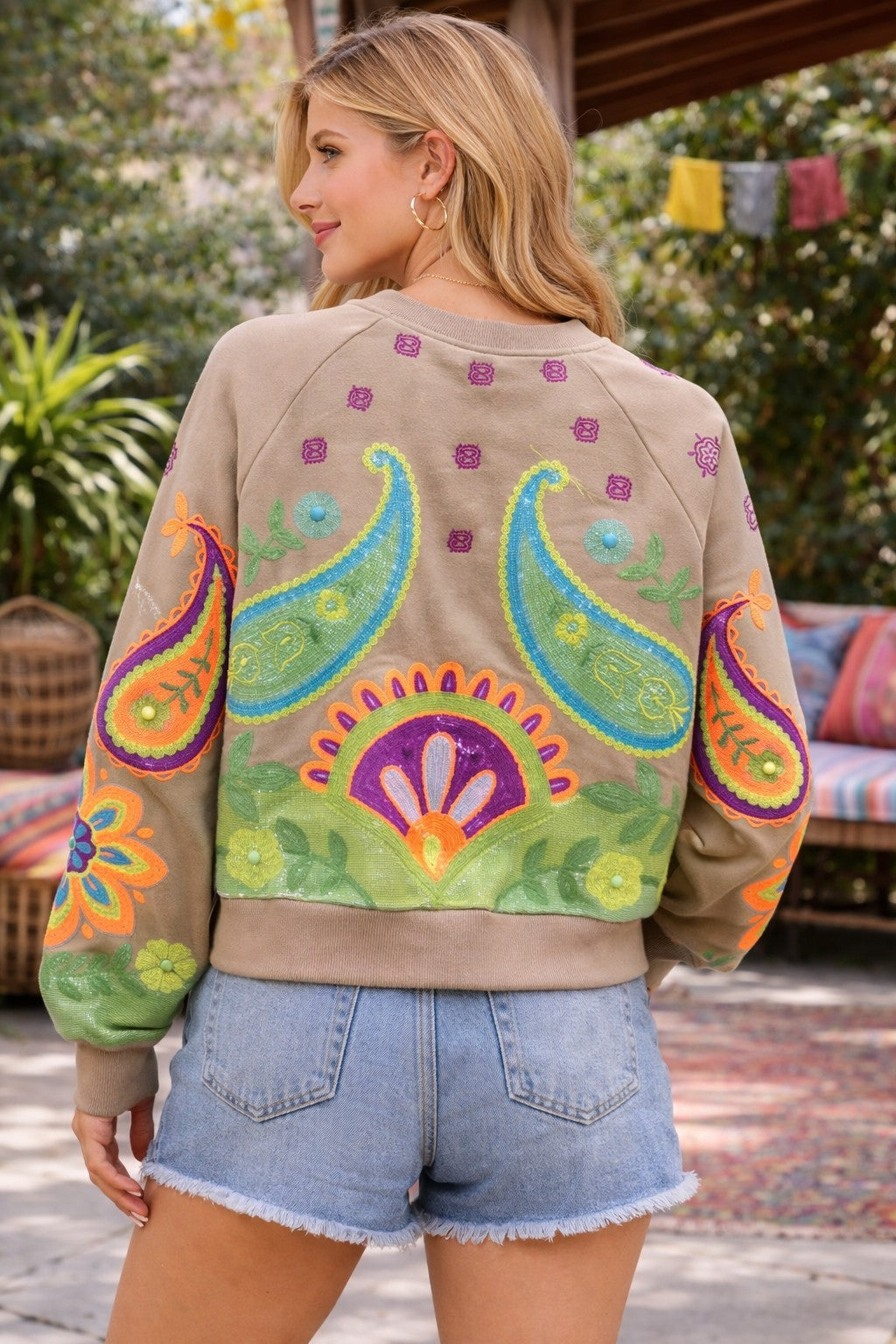 Queen of Sparkles Beige & Neon Paisley Print Sweatshirt-sweatshirt-Queen Of Sparkles-Deja Nu Boutique, Women's Fashion Boutique in Lampasas, Texas