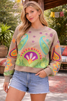Queen of Sparkles Beige & Neon Paisley Print Sweatshirt-sweatshirt-Queen Of Sparkles-Deja Nu Boutique, Women's Fashion Boutique in Lampasas, Texas