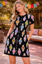 Queen of Sparkles Black Button Up Multi Watch Knit Short Sleeve Dress-mini dress-Queen Of Sparkles-Deja Nu Boutique, Women's Fashion Boutique in Lampasas, Texas