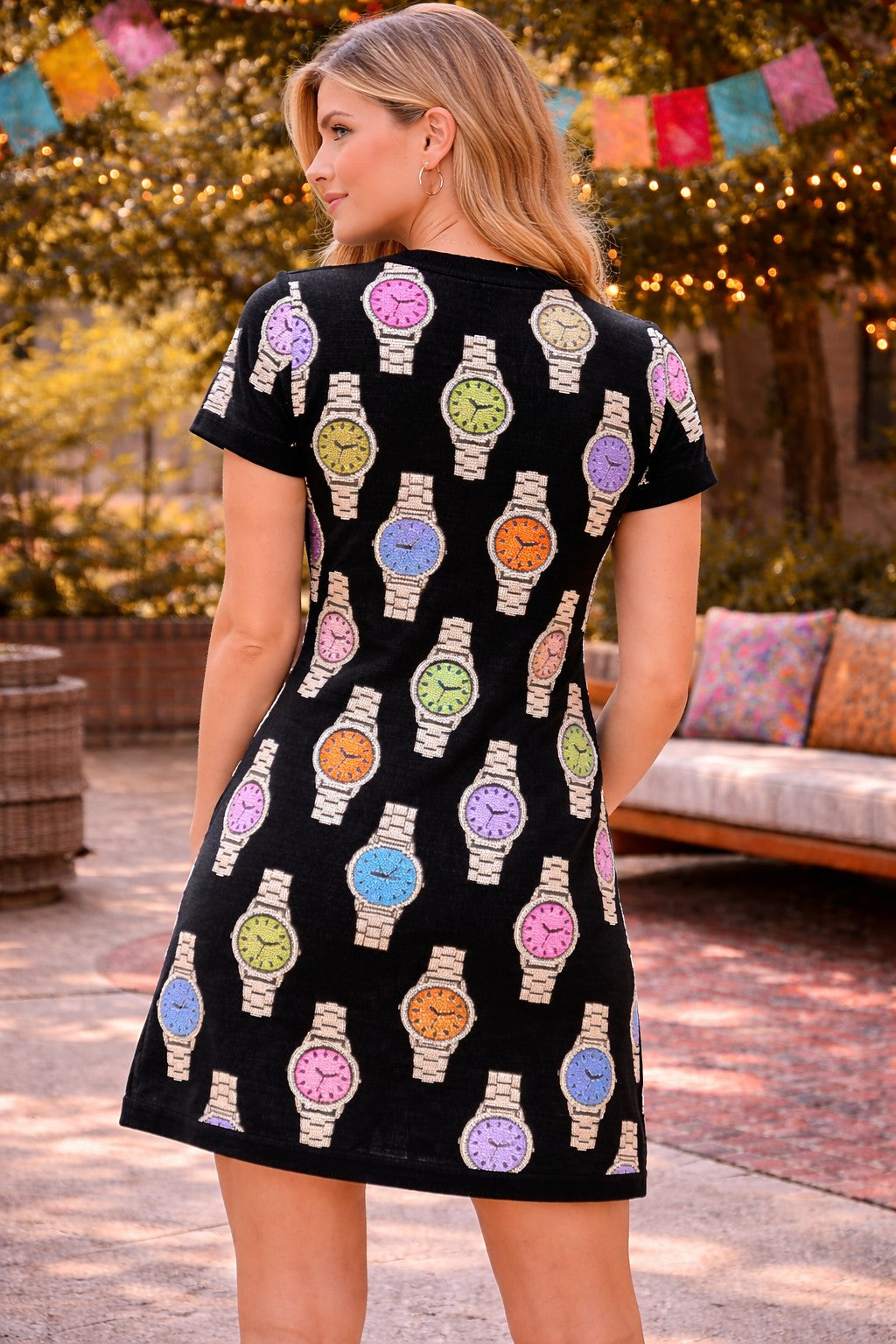 Queen of Sparkles Black Button Up Multi Watch Knit Short Sleeve Dress-mini dress-Queen Of Sparkles-Deja Nu Boutique, Women's Fashion Boutique in Lampasas, Texas