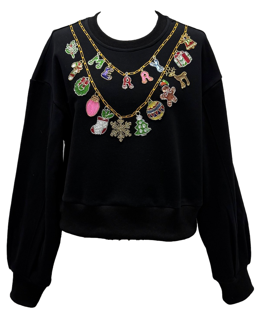 Queen of Sparkles Black Christmas Necklace Sweatshirt-sweatshirt-Queen Of Sparkles-Deja Nu Boutique, Women's Fashion Boutique in Lampasas, Texas