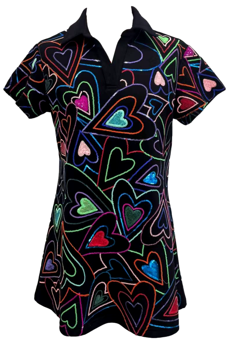 Queen of Sparkles Black Groovy Sequin Heart Collared Short Sleeve Dress-mini dress-Queen Of Sparkles-Deja Nu Boutique, Women's Fashion Boutique in Lampasas, Texas