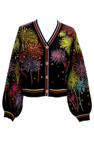 Queen of Sparkles Black Multi Rainbow Firework Button Up Cardigan-Cardigans & Kimonos-Queen Of Sparkles-Deja Nu Boutique, Women's Fashion Boutique in Lampasas, Texas