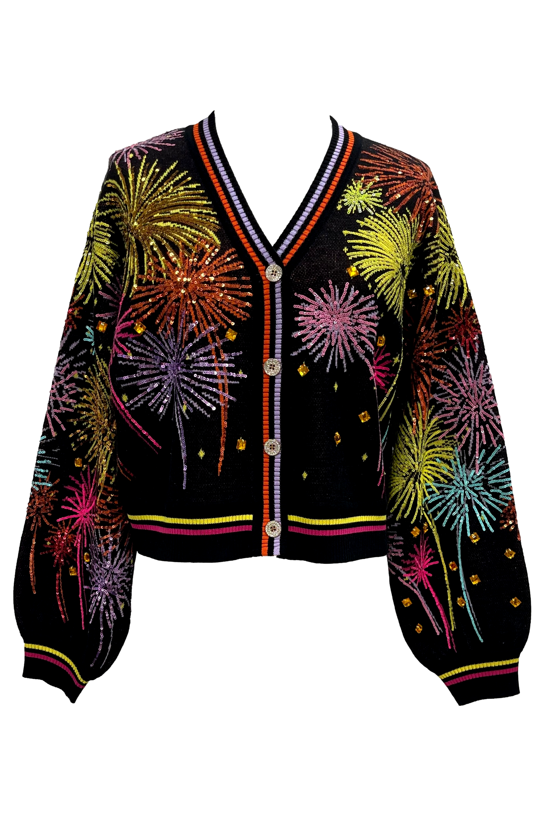 Queen of Sparkles Black Multi Rainbow Firework Button Up Cardigan-Cardigans & Kimonos-Queen Of Sparkles-Deja Nu Boutique, Women's Fashion Boutique in Lampasas, Texas