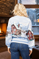 Queen of Sparkles Blue & White Snowy Town Scene Button Up Cardigan-Cardigans & Kimonos-Queen Of Sparkles-Deja Nu Boutique, Women's Fashion Boutique in Lampasas, Texas