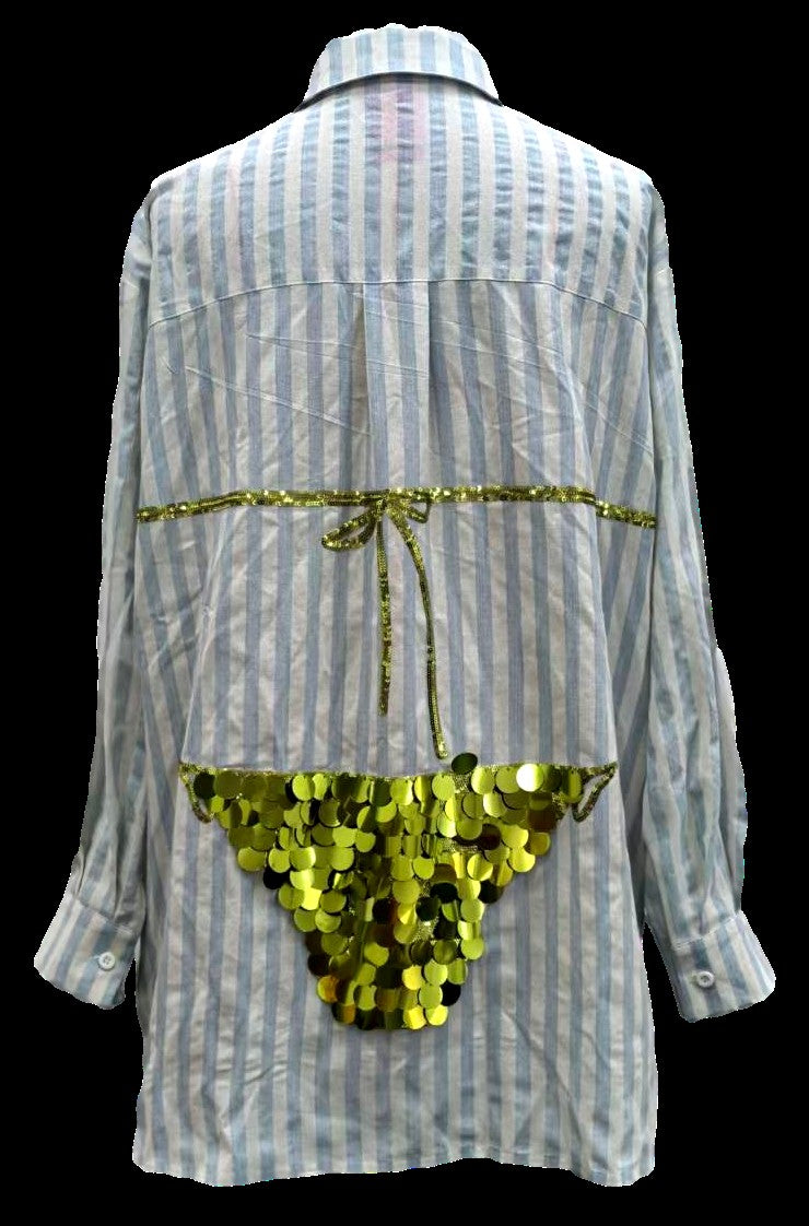 Queen of Sparkles Blue & White Stripe Cotton Button Up Tunic with Gold Sequin Bikini-shirts-Queen Of Sparkles-Deja Nu Boutique, Women's Fashion Boutique in Lampasas, Texas