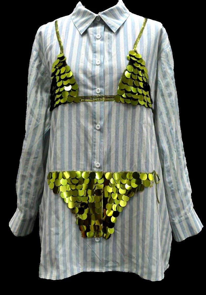 Queen of Sparkles Blue & White Stripe Cotton Button Up Tunic with Gold Sequin Bikini-shirts-Queen Of Sparkles-Deja Nu Boutique, Women's Fashion Boutique in Lampasas, Texas