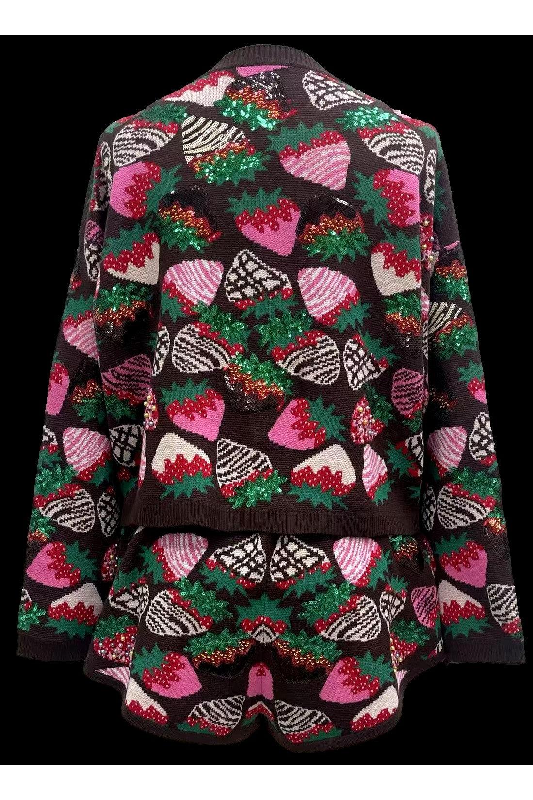 Queen of Sparkles Brown Multi Sequin Strawberry Tie-Up Sweater-Sweaters-Queen Of Sparkles-Deja Nu Boutique, Women's Fashion Boutique in Lampasas, Texas