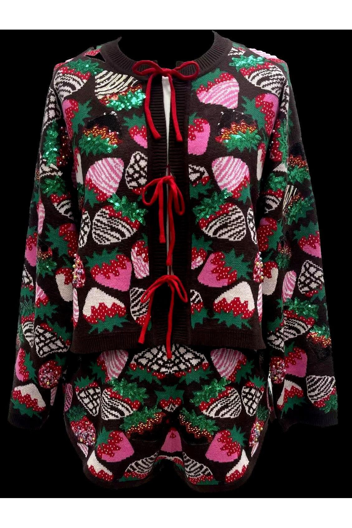 Queen of Sparkles Brown Multi Sequin Strawberry Tie-Up Sweater-Sweaters-Queen Of Sparkles-Deja Nu Boutique, Women's Fashion Boutique in Lampasas, Texas