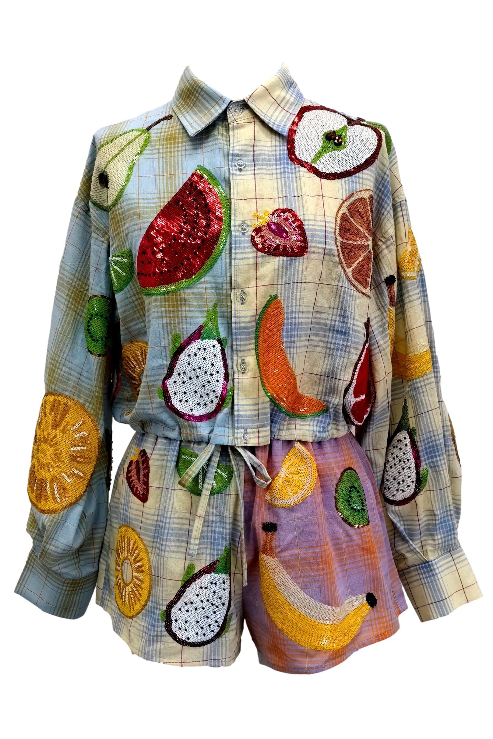 Queen of Sparkles Colorblock Plaid Fruit Button Up Collar Long Sleeve Top-Tops-Queen Of Sparkles-Deja Nu Boutique, Women's Fashion Boutique in Lampasas, Texas