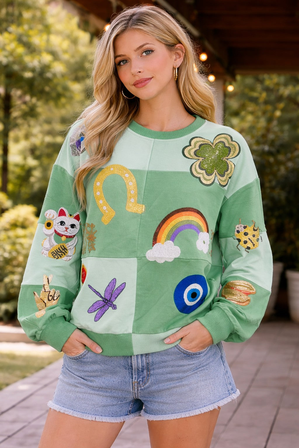 Queen of Sparkles Green Checkered Lucky Icon Sweatshirt-sweatshirt-Queen Of Sparkles-Deja Nu Boutique, Women's Fashion Boutique in Lampasas, Texas