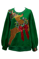 Queen of Sparkles Green Rhinestone Rudolph Wearing A Wreath Sweatshirt-Tops-Queen Of Sparkles-Deja Nu Boutique, Women's Fashion Boutique in Lampasas, Texas