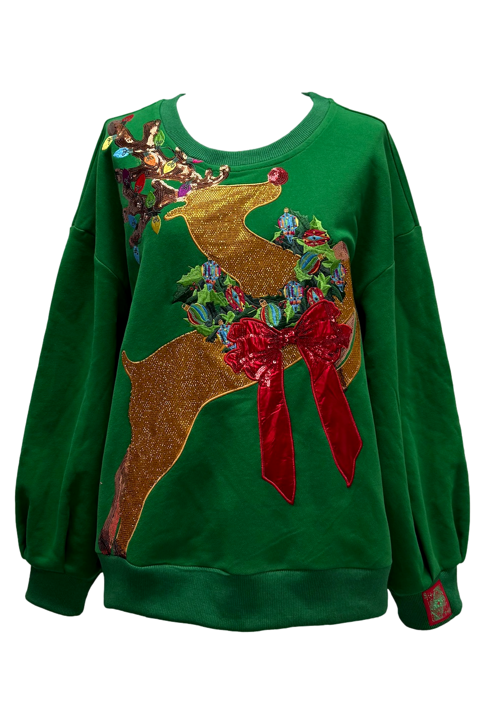 Queen of Sparkles Green Rhinestone Rudolph Wearing A Wreath Sweatshirt-Tops-Queen Of Sparkles-Deja Nu Boutique, Women's Fashion Boutique in Lampasas, Texas